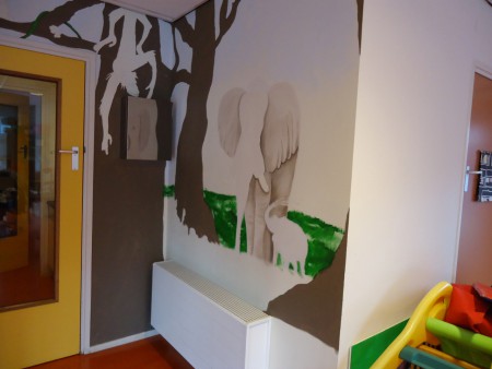 Olifant, opzetten, eerste laag, muurschildering, muurdecoratie, decoratie